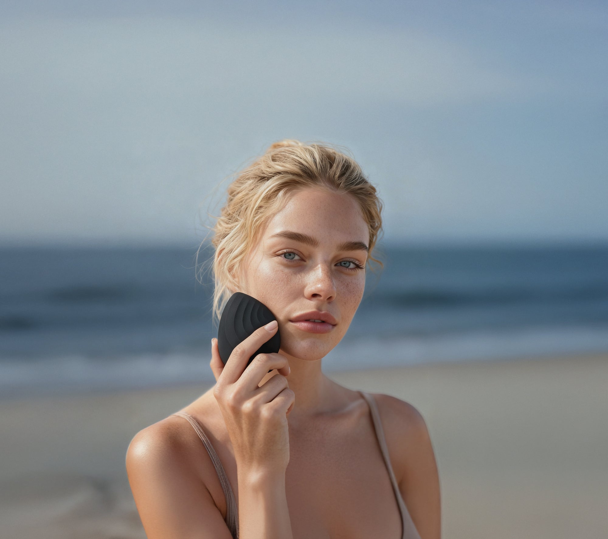Model using a GESKE sonic facial brush in the signature Gray finish